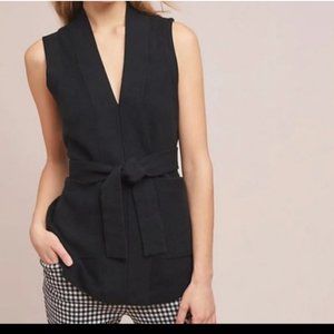 Anthropologie  Black Deep V Neck Knit Sweater Vest Waist Ties Pockets NWT SMALL